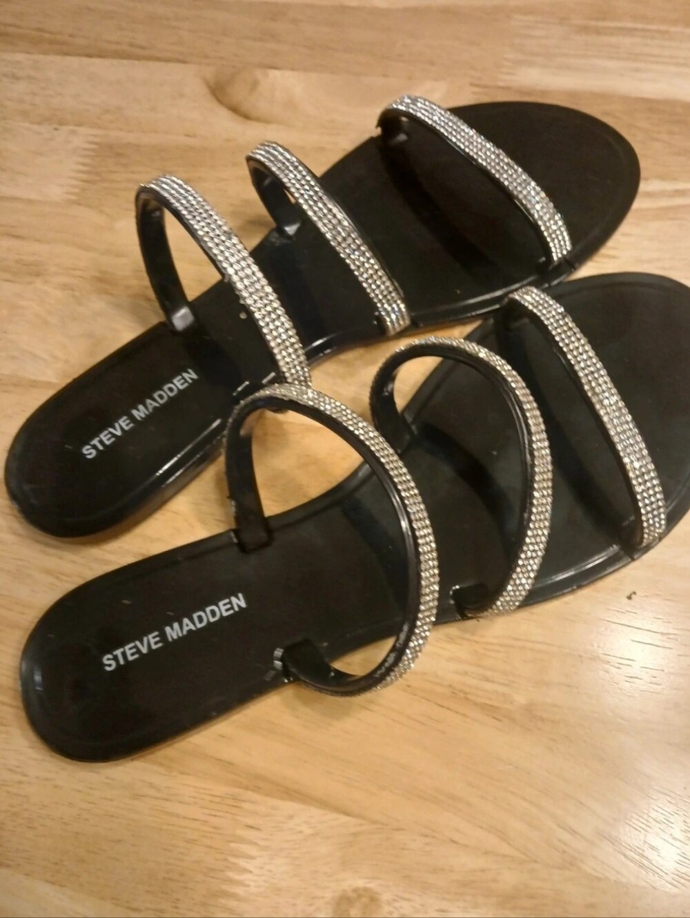 Steve Madden Black Sandals with Rhinestone-Strap Detail